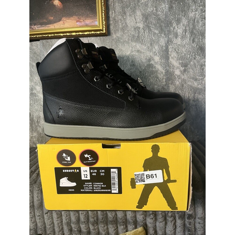 Men’s Eurostar Steel Toe Leather Boots Black Gray Size 12 New In Box